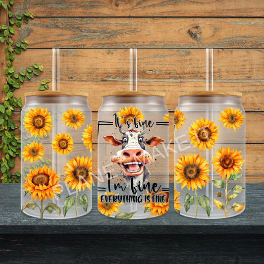 Everything Is Fine Happy Cow - 16oz Frosted Glass Tumbler